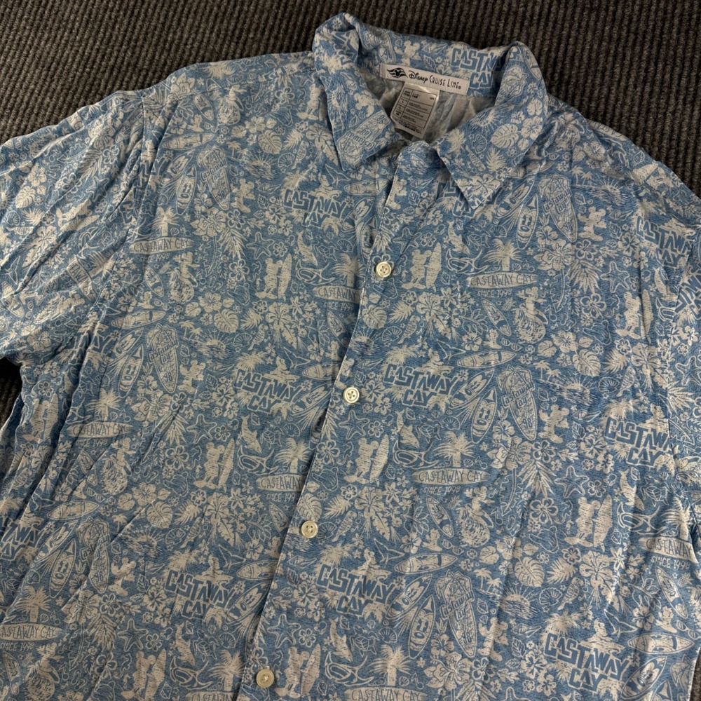 Disney Cruise Line Castaway Cay Mens Blue Rayon Tropical Mickey Button Down M